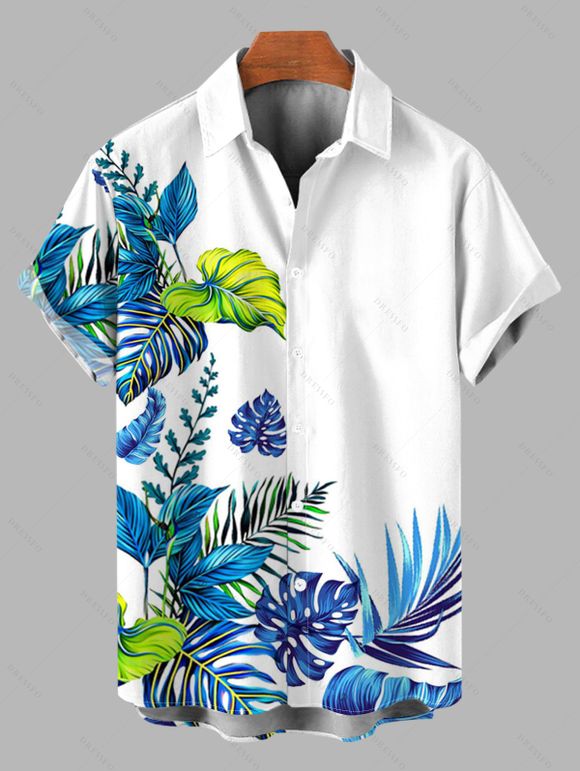 Hawaiian Vacation Couple Outfit Monstera Palm Leaf Print Lace Hollow Out Slit Dress and Shirt Set - Blanc S | US 4