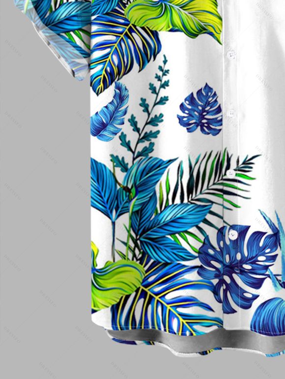 Hawaiian Vacation Couple Outfit Monstera Palm Leaf Print Lace Hollow Out Slit Dress and Shirt Set - Blanc S | US 4