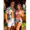 Vacation Couple Outfit Tropical Hibiscus Floral Leaf Print Bowknot Halter Tankini Swimsuit and Shirt Set - Rose S | US 4