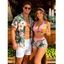 Vacation Couple Outfit Tropical Hibiscus Floral Leaf Print Bowknot Halter Tankini Swimsuit and Shirt Set - Rose S | US 4