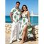 Vacation Couple Outfit Tropical Leaf Print Lace Hollow Out Slit Dress and Shirt Set - PLANT GREEN S | US 4