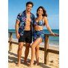 Vacation Couple Outfit Hibiscus Floral Leaf Print Twisted Cinched Swimsuit and Shirt Set - Bleu Ciel S | US 4