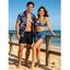 Vacation Couple Outfit Hibiscus Floral Leaf Print Twisted Cinched Swimsuit and Shirt Set - Bleu Ciel S | US 4
