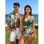 Vacation Couple Outfit Palm Leaf Hibiscus Print Crossover Ruched Swimsuit and Shirt Set - PLANT GREEN S | US 4