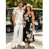 Vacation Couple Outfit Ink Wash Magnolia Floral Print Pocket Long Dress and Shirt Set - Brun Doré S | US 4