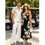 Vacation Couple Outfit Ink Wash Magnolia Floral Print Pocket Long Dress and Shirt Set - Brun Doré S | US 4