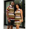 Hawaiian Couple Outfit Vintage Colorblock Striped Print Halter Mini Bodycon Knitted Dress and Shirt Set - multicolor A S | US 4