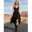 Robe Mi-Longue Asymétrique Superposée en Couleur Unie à Taille Empire Col Plongeant avec Œillet à Bretelle Ajustable - Noir M