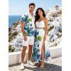 Hawaiian Vacation Couple Outfit Monstera Palm Leaf Print Lace Hollow Out Slit Dress and Shirt Set - Blanc S | US 4
