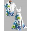 Hawaiian Vacation Couple Outfit Monstera Palm Leaf Print Lace Hollow Out Slit Dress and Shirt Set - Blanc S | US 4
