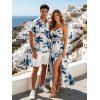 Vacation Hawaiian Couple Outfit Ink Painting Coconut Tree Print Lace Hollow Out Slit Dress and Shirt Set - Blanc S | US 4