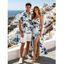 Vacation Hawaiian Couple Outfit Ink Painting Coconut Tree Print Lace Hollow Out Slit Dress and Shirt Set - Blanc S | US 4