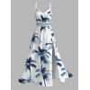 Vacation Hawaiian Couple Outfit Ink Painting Coconut Tree Print Lace Hollow Out Slit Dress and Shirt Set - Blanc S | US 4
