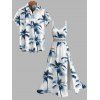 Vacation Hawaiian Couple Outfit Ink Painting Coconut Tree Print Lace Hollow Out Slit Dress and Shirt Set - Blanc S | US 4