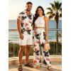 Vacation Couple Outfit Solid Color Tank Top Floral Leaf Print Belt Pants and Shirt Shorts Set - Vert Armée S | US 4