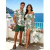 Vacation Couple Outfit Monstera Leaf Print Flounce Off the Shoulder Slit Dress and Shirt Set - PLANT GREEN S | US 4