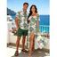 Vacation Couple Outfit Monstera Leaf Print Flounce Off the Shoulder Slit Dress and Shirt Set - PLANT GREEN S | US 4