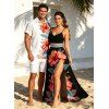Vacation Couple Outfit Hibiscus Floral Leaf Print Lace Hollow Out Slit Maxi Dress and Shirt Set - Rouge Cerise S | US 4
