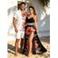 Vacation Couple Outfit Hibiscus Floral Leaf Print Lace Hollow Out Slit Maxi Dress and Shirt Set - Rouge Cerise S | US 4