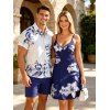 Vacation Couple Outfit Lily Floral Leaf Print Spaghetti Strap Dress and Shirt Set - Bleu Marine S | US 4