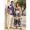 Vacation Couple Outfit Tropical Leaf Silhouette Print Twisted Wide Leg Jumpsuit and Shirt Set - Bleu profond S | US 4