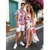 Vacation Couple Outfit Watercolor Hibiscus Print Lace Hollow Out Slit Dress and Shirt Set - Rose clair S | US 4