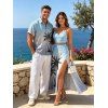 Vacation Couple Outfit Ombre Coconut Tree Print Lace Hollow Out Slit Dress and Shirt Set - Bleu gris S | US 4