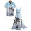 Vacation Couple Outfit Ombre Coconut Tree Print Lace Hollow Out Slit Dress and Shirt Set - Bleu gris S | US 4