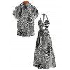 Hawaiian Vacation Couple Outfit Zebra Print Twisted Cut Out Slit Haler Dress and Shirt Set - Noir S | US 4