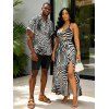 Hawaiian Vacation Couple Outfit Zebra Print Twisted Cut Out Slit Haler Dress and Shirt Set - Noir S | US 4