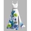 Hawaiian Vacation Dress Monstera Palm Leaf Print Lace Hollow Out Slit Dress - Blanc XXXXXL | US 20