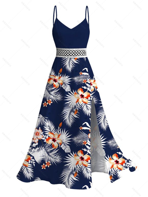 Hawaiian Vacation Couple Outfit Hibiscus Floral Tropical Leaf Print Lace Hollow Out Slit Dress and Shirt Set - MIDNIGHT BLUE S | US 4