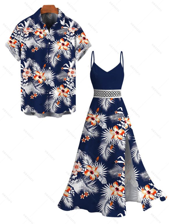 Hawaiian Vacation Couple Outfit Hibiscus Floral Tropical Leaf Print Lace Hollow Out Slit Dress and Shirt Set - MIDNIGHT BLUE S | US 4