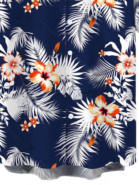 Men's Hawaiian Vacation Shirt Hibiscus Floral Tropical Leaf Print Button Up Shirt - Bleu de Minuit 2XL