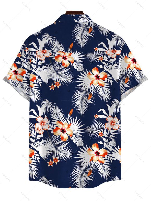 Men's Hawaiian Vacation Shirt Hibiscus Floral Tropical Leaf Print Button Up Shirt - Bleu de Minuit 2XL