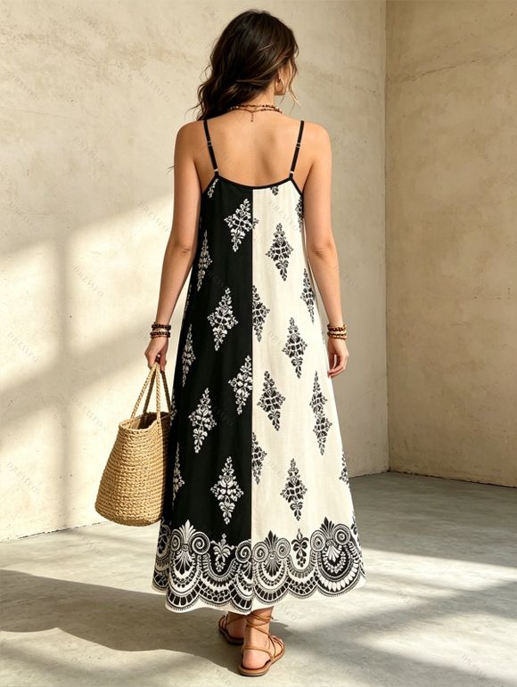 Bohemian Vacation Dress Contrast Color Baroque Damask Print Spaghetti Strap Maxi Dress - BLACK XL | US 10