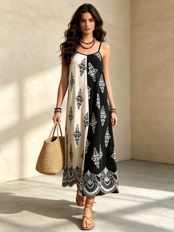 Bohemian Vacation Couple Outfit Contrast Color Baroque Damask Print Spaghetti Strap Maxi Dress and Shirt Set - BLACK S | US 4