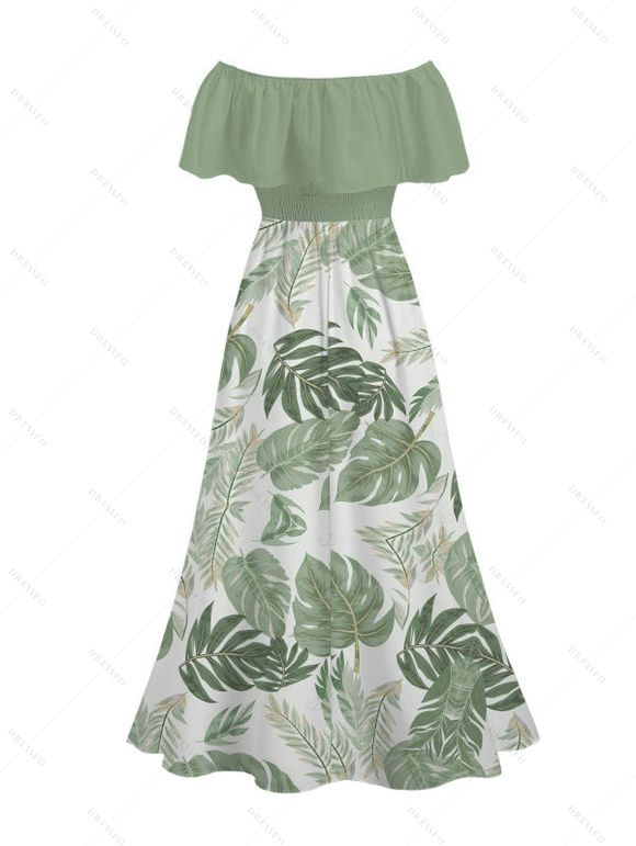 Vacation Dress Tropical Monstera Leaf Print Flounce Off the Shoulder Smocked Slit Dress - Vert clair XXL | US 14
