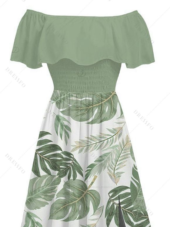 Vacation Dress Tropical Monstera Leaf Print Flounce Off the Shoulder Smocked Slit Dress - Vert clair XXL | US 14