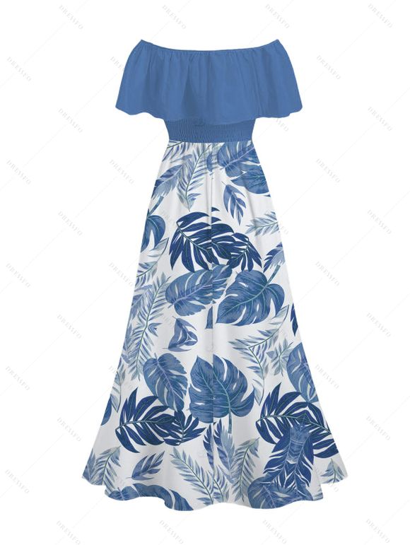 Vacation Dress Tropical Monstera Leaf Print Flounce Off the Shoulder Smocked Slit Dress - Bleu XXL | US 14