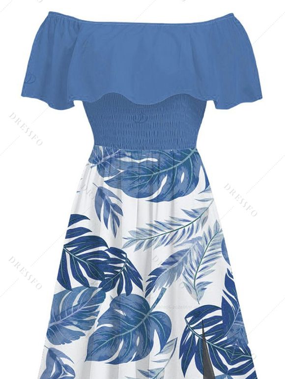 Vacation Dress Tropical Monstera Leaf Print Flounce Off the Shoulder Smocked Slit Dress - Bleu XXL | US 14