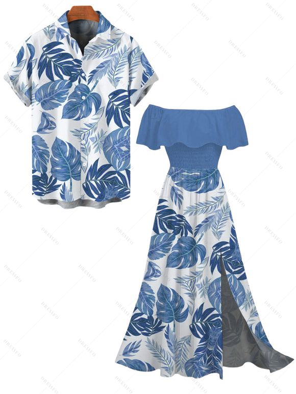 Vacation Couple Outfit Tropical Monstera Leaf Print Flounce Off the Shoulder Smocked Slit Dress and Shirt Set - Bleu S | US 4