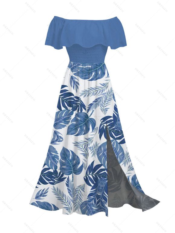 Vacation Couple Outfit Tropical Monstera Leaf Print Flounce Off the Shoulder Smocked Slit Dress and Shirt Set - Bleu S | US 4