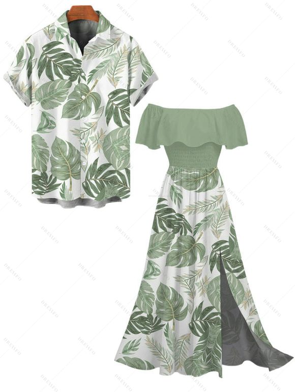 Vacation Couple Outfit Tropical Monstera Leaf Print Flounce Off the Shoulder Smocked Slit Dress and Shirt Set - Vert clair S | US 4