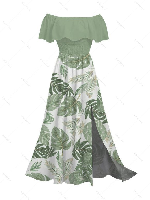 Vacation Couple Outfit Tropical Monstera Leaf Print Flounce Off the Shoulder Smocked Slit Dress and Shirt Set - Vert clair S | US 4