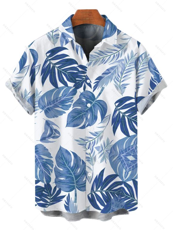 Vacation Couple Outfit Tropical Monstera Leaf Print Flounce Off the Shoulder Smocked Slit Dress and Shirt Set - Bleu S | US 4