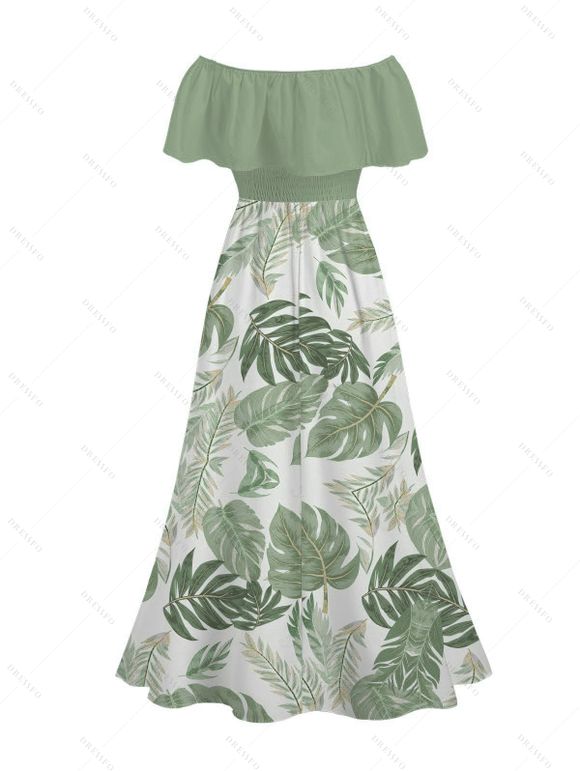 Vacation Couple Outfit Tropical Monstera Leaf Print Flounce Off the Shoulder Smocked Slit Dress and Shirt Set - Vert clair S | US 4