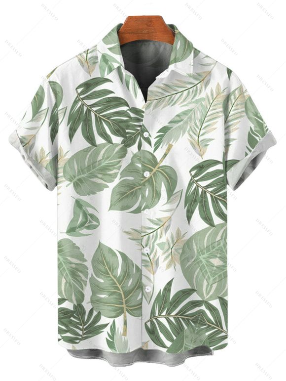 Vacation Couple Outfit Tropical Monstera Leaf Print Flounce Off the Shoulder Smocked Slit Dress and Shirt Set - Vert clair S | US 4