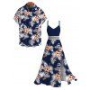 Hawaiian Vacation Couple Outfit Hibiscus Floral Tropical Leaf Print Lace Hollow Out Slit Dress and Shirt Set - MIDNIGHT BLUE S | US 4
