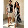 Bohemian Vacation Couple Outfit Contrast Color Baroque Damask Print Spaghetti Strap Maxi Dress and Shirt Set - BLACK S | US 4